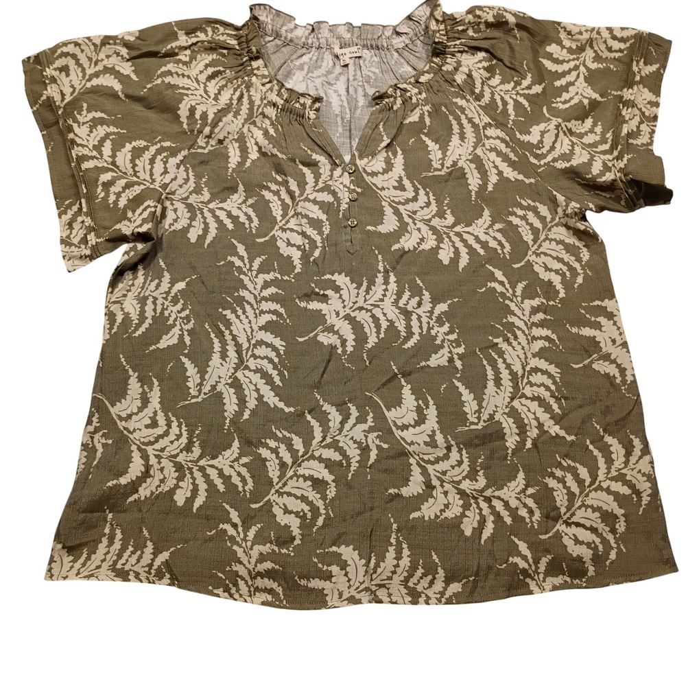 Indigo Soul Rayon Blouse Womens XL Fern Print Henley Neck Short Sleeve Green